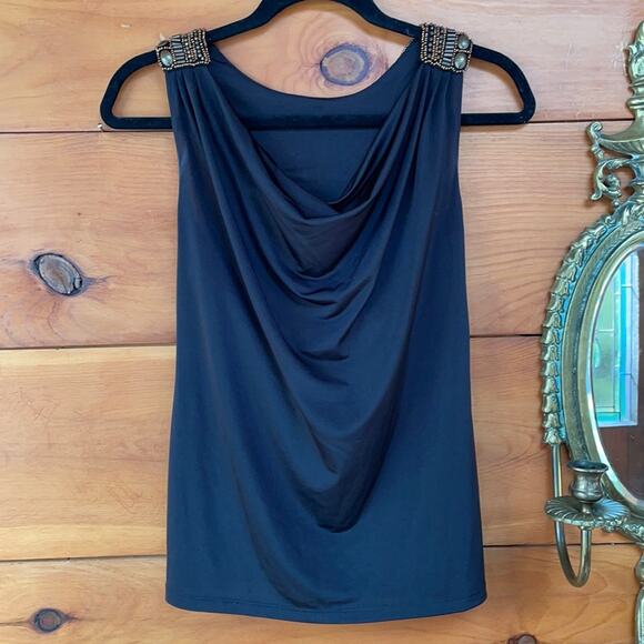 Carmen Marc Valvo Women’s Blue Beaded Sleeveless Cowl Neck Pullover Top Size S - Picture 1 of 6